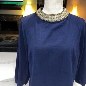 Moa Moa Navy Blouse with Gold Embellished Collar
